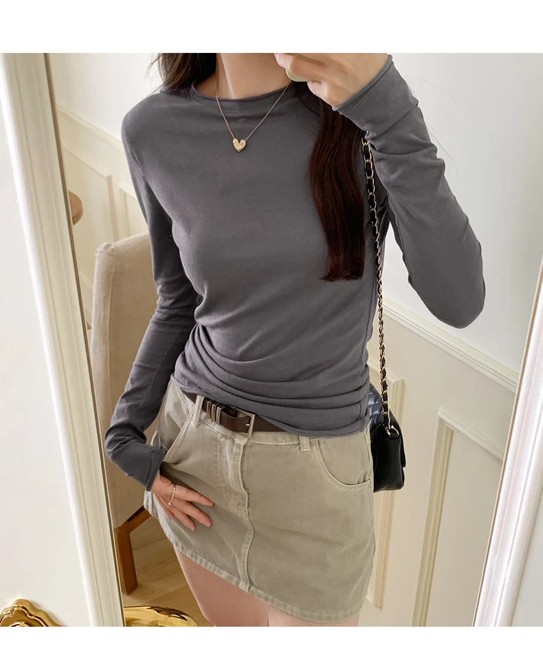 2026 Spring Autumn T-shirt Women Tops Solid Slim Fit Long Sleeve O Neck Tshirts Female Casual Streetwear High Quality Base Tees