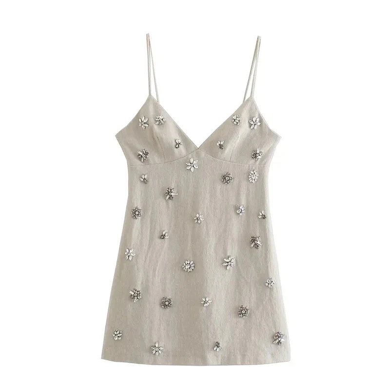 Women Chic Fashion Sleeveless Lnlay Mini Dress Vintage Thin Straps Summer Female Dresses Vestidos Mujer