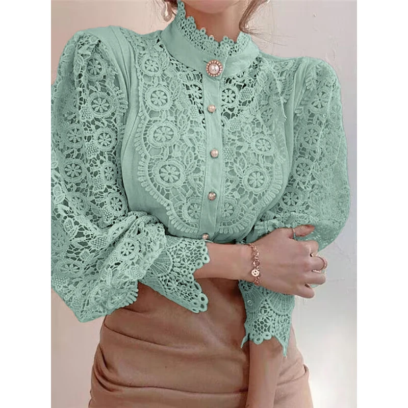 Fashion Petal Sleeve Lace Blouses Women Stand Collar Shirts Female Hollow Out Patchwork Ladies Top Flower Blouse Blusas 410G