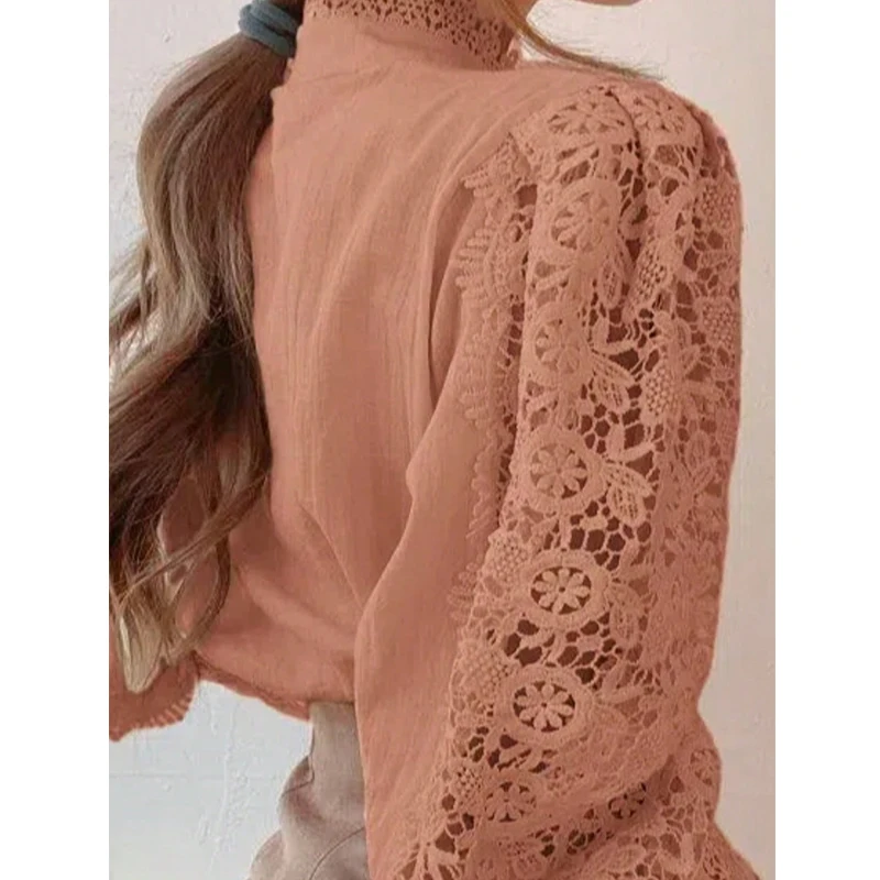 Fashion Petal Sleeve Lace Blouses Women Stand Collar Shirts Female Hollow Out Patchwork Ladies Top Flower Blouse Blusas 410G