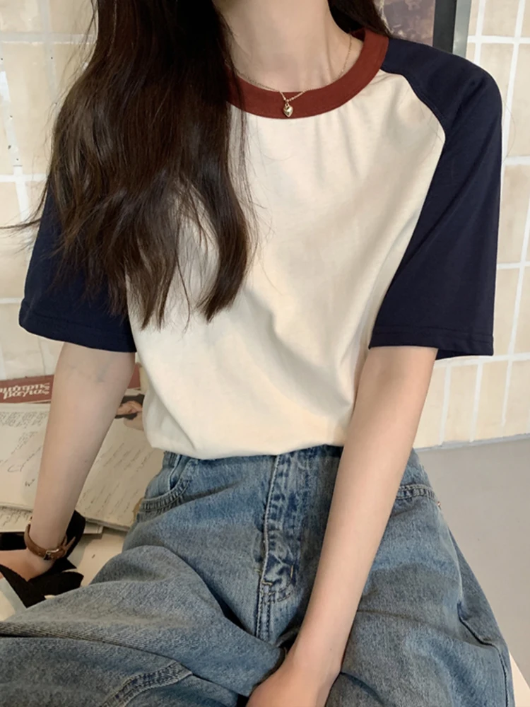 AOSSVIAO Summer Tops for Women Tshirt Turn Down Collar Short Sleeve Beige Blue Chic Y2k Fashion Patchwork 2026 T Shirts