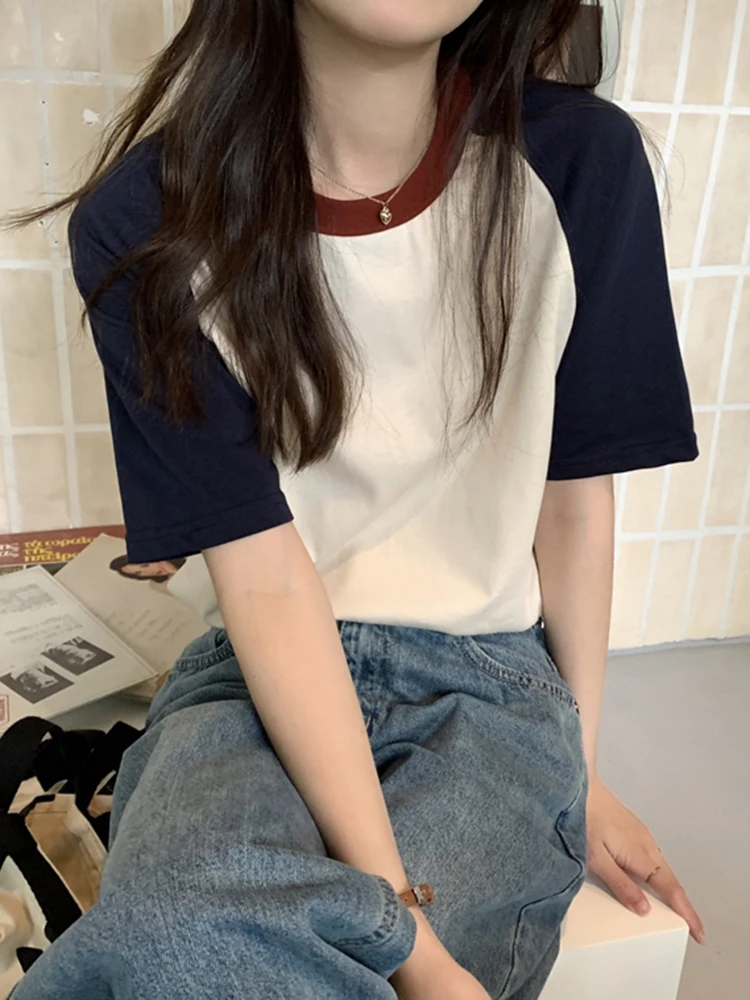 AOSSVIAO Summer Tops for Women Tshirt Turn Down Collar Short Sleeve Beige Blue Chic Y2k Fashion Patchwork 2026 T Shirts
