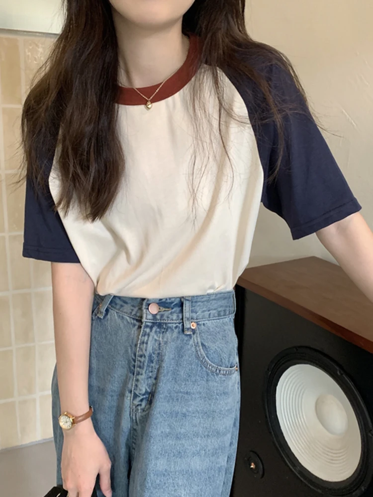 AOSSVIAO Summer Tops for Women Tshirt Turn Down Collar Short Sleeve Beige Blue Chic Y2k Fashion Patchwork 2026 T Shirts
