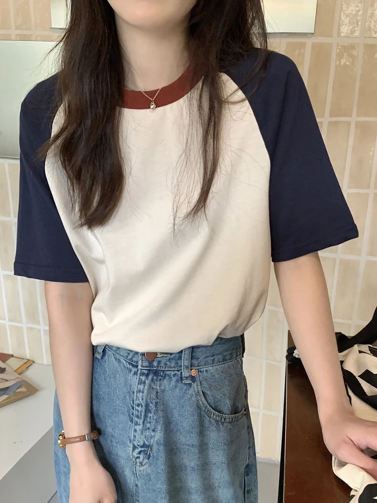AOSSVIAO Summer Tops for Women Tshirt Turn Down Collar Short Sleeve Beige Blue Chic Y2k Fashion Patchwork 2026 T Shirts