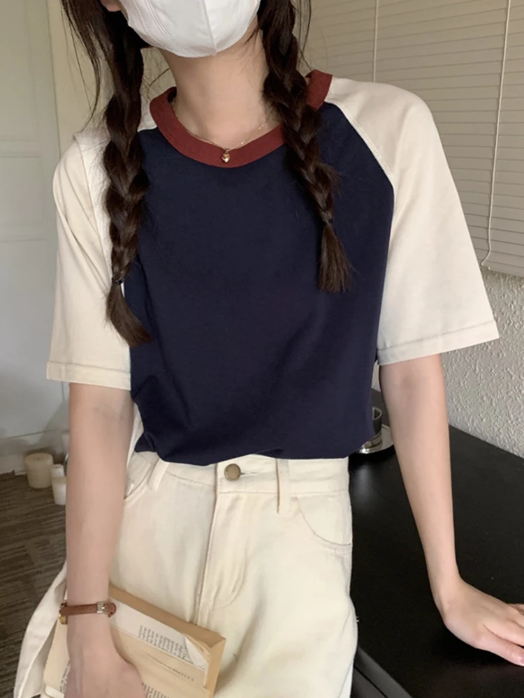 AOSSVIAO Summer Tops for Women Tshirt Turn Down Collar Short Sleeve Beige Blue Chic Y2k Fashion Patchwork 2026 T Shirts