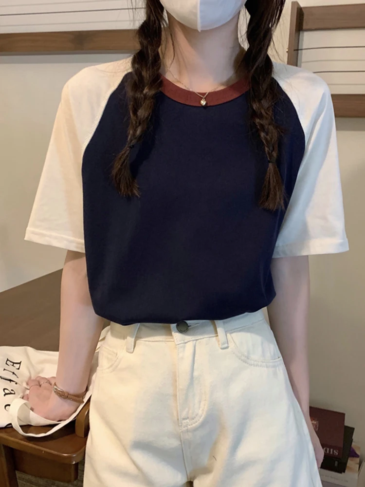 AOSSVIAO Summer Tops for Women Tshirt Turn Down Collar Short Sleeve Beige Blue Chic Y2k Fashion Patchwork 2026 T Shirts