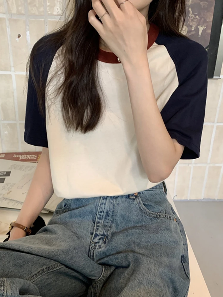 AOSSVIAO Summer Tops for Women Tshirt Turn Down Collar Short Sleeve Beige Blue Chic Y2k Fashion Patchwork 2026 T Shirts
