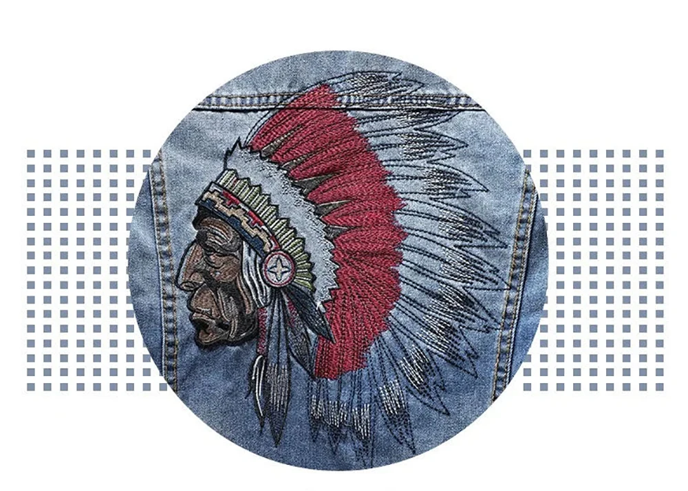 Indian Chief Embroidery Denim Jackets Men, Retro Blue Streetwear, Ripped Slim Coat, Casual Motorcycle Outwear, Spring and Autumn