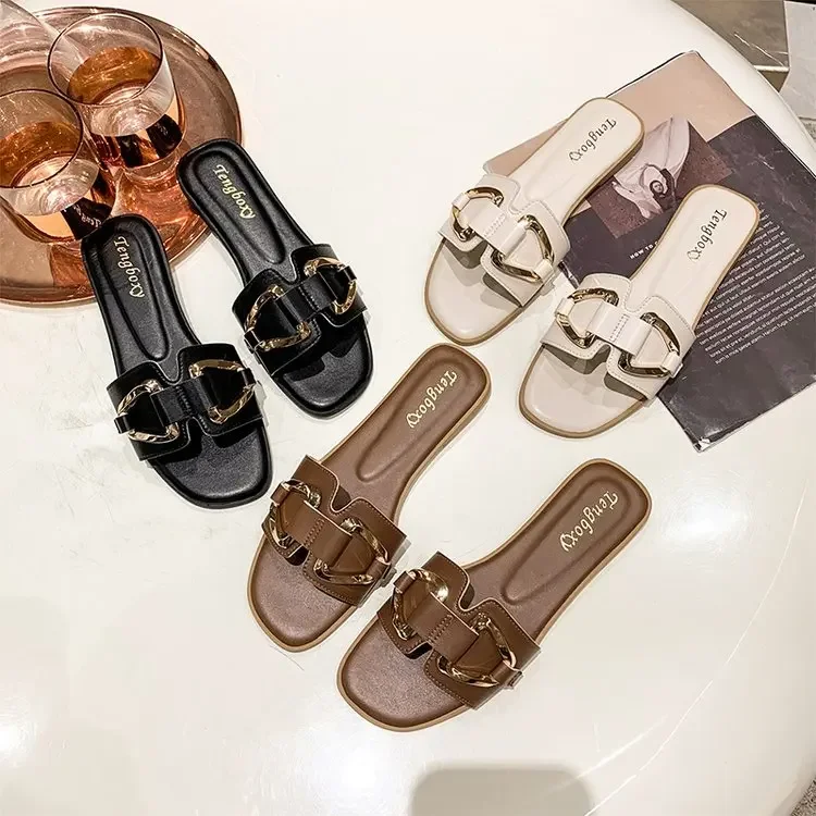 Women Metal Decor Single Band Flat Sandals Fashion Sexy Open Toe Outdoors Slides Luxurious Office Ladies Party Female Shoes