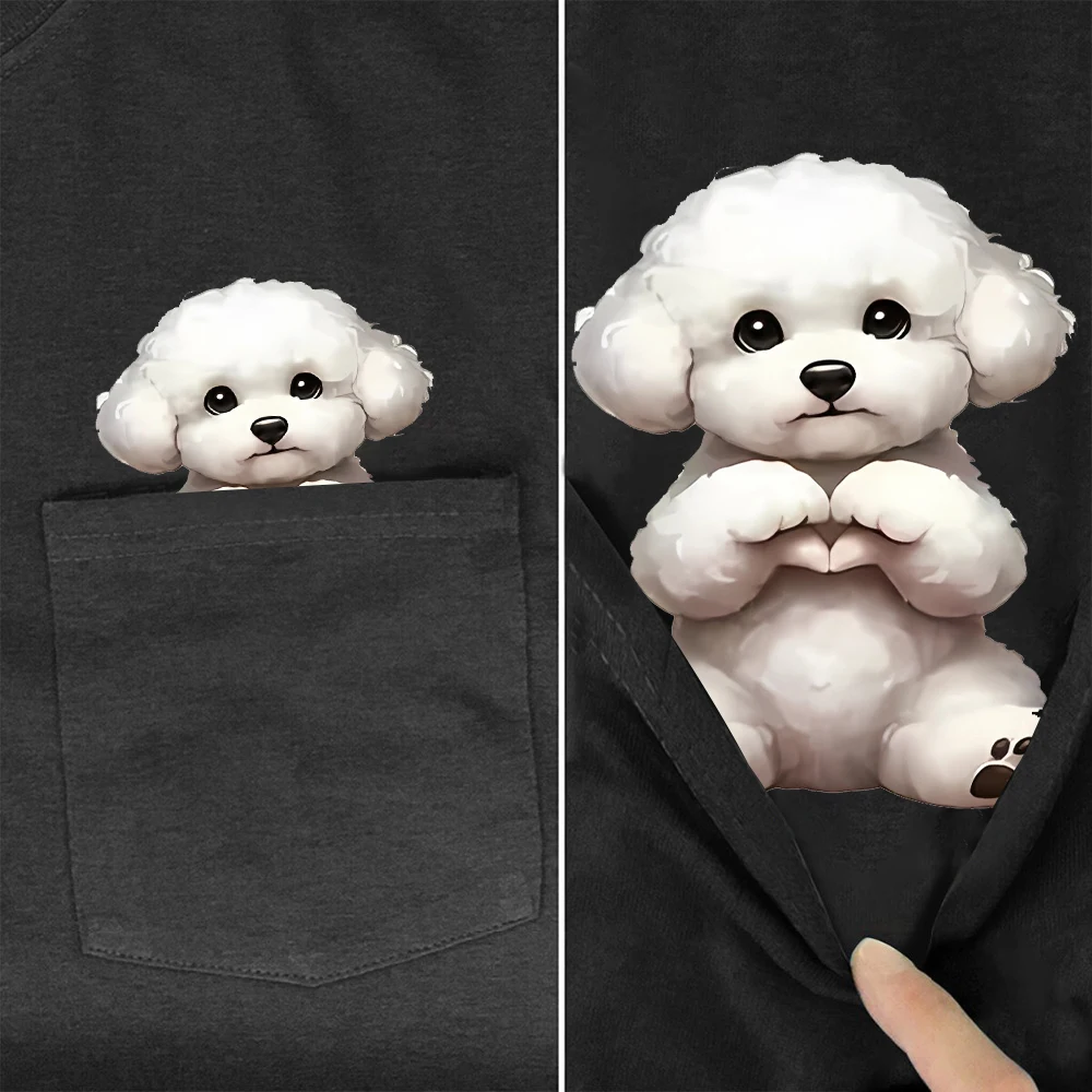 CLOOCL Bichon Frise Cotton T-Shirts Cute Dogs Hand Heart Gesture Printed Pocket T-shirt Women Short Sleeve Shirts Hip Pop Tops