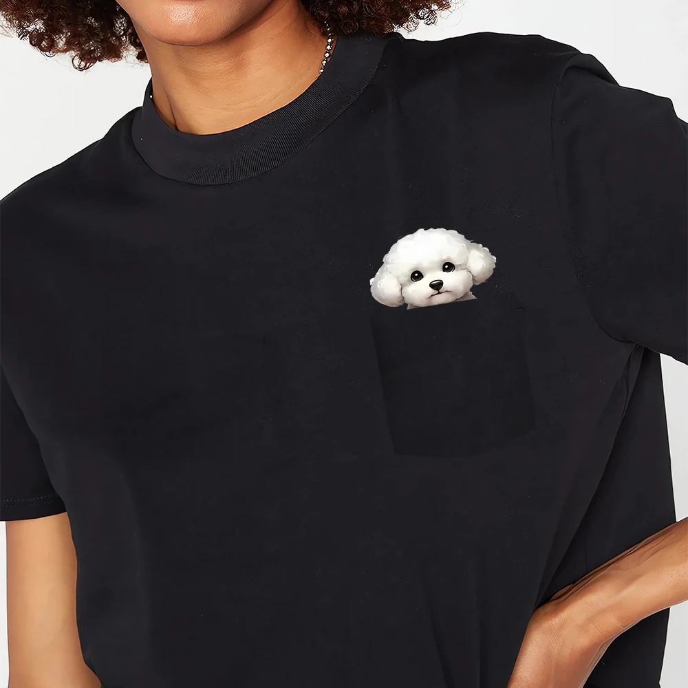 CLOOCL Bichon Frise Cotton T-Shirts Cute Dogs Hand Heart Gesture Printed Pocket T-shirt Women Short Sleeve Shirts Hip Pop Tops