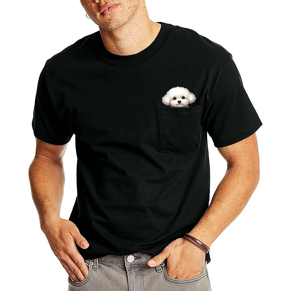 CLOOCL Bichon Frise Cotton T-Shirts Cute Dogs Hand Heart Gesture Printed Pocket T-shirt Women Short Sleeve Shirts Hip Pop Tops