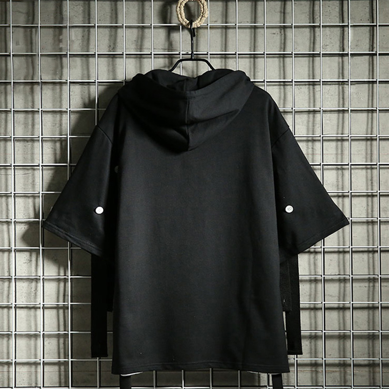 Autumn Men's Casual Hoodie Sweatshirt Techwear Hip Hop Harajuku Style with Ribbons Patchwork Japanese Streetwear Darkwear