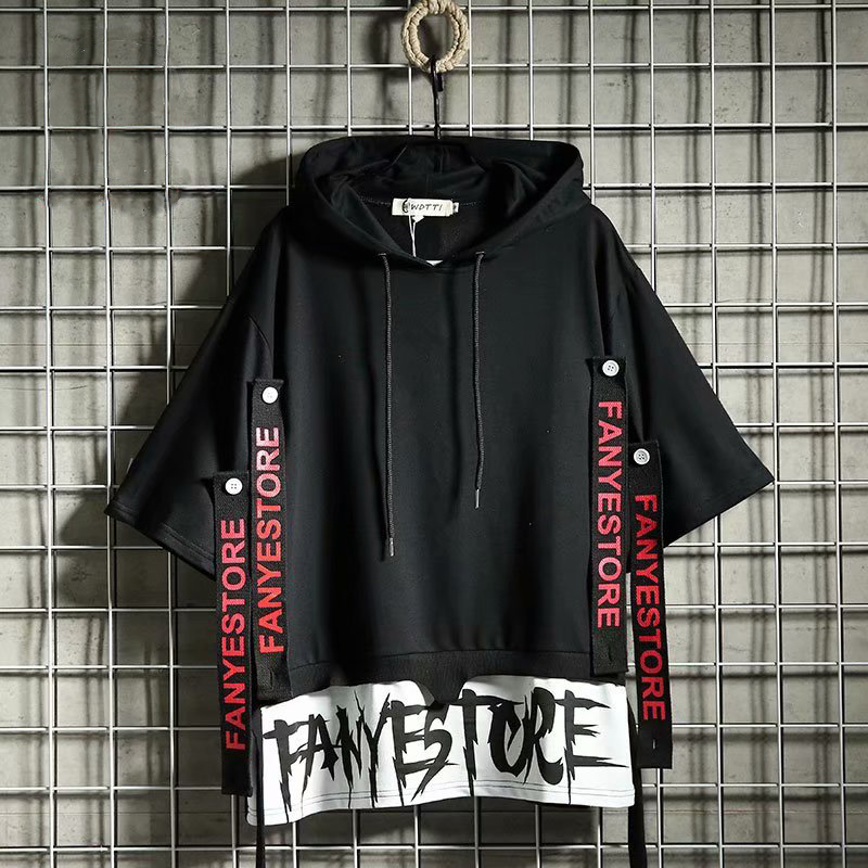 Autumn Men's Casual Hoodie Sweatshirt Techwear Hip Hop Harajuku Style with Ribbons Patchwork Japanese Streetwear Darkwear