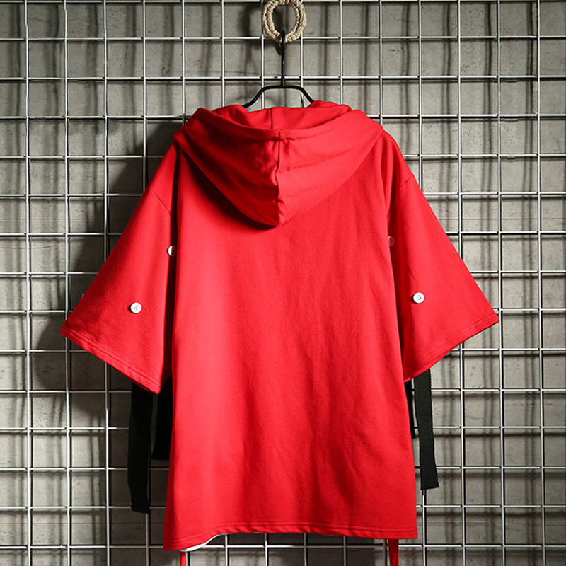 Autumn Men's Casual Hoodie Sweatshirt Techwear Hip Hop Harajuku Style with Ribbons Patchwork Japanese Streetwear Darkwear