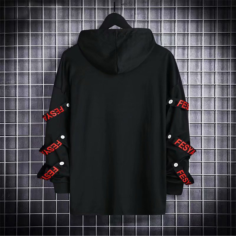 Autumn Men's Casual Hoodie Sweatshirt Techwear Hip Hop Harajuku Style with Ribbons Patchwork Japanese Streetwear Darkwear