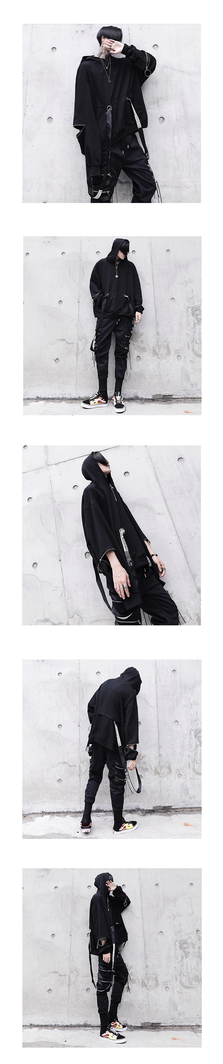 Autumn Men's Casual Hoodie Sweatshirt Techwear Hip Hop Harajuku Style with Ribbons Patchwork Japanese Streetwear Darkwear