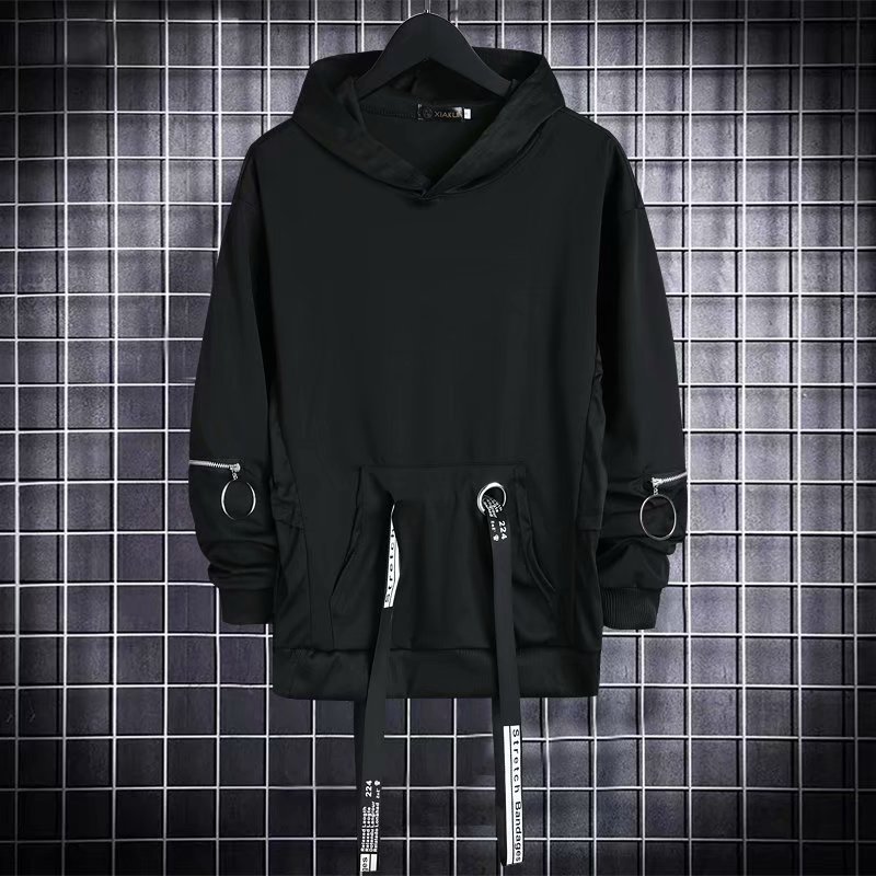 Autumn Men's Casual Hoodie Sweatshirt Techwear Hip Hop Harajuku Style with Ribbons Patchwork Japanese Streetwear Darkwear