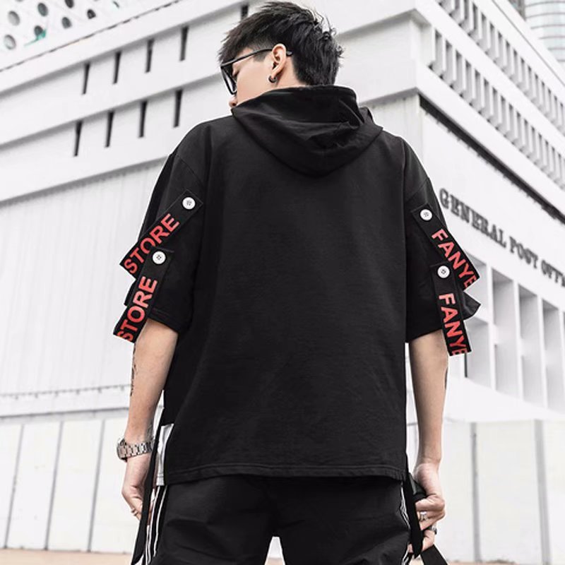 Autumn Men's Casual Hoodie Sweatshirt Techwear Hip Hop Harajuku Style with Ribbons Patchwork Japanese Streetwear Darkwear