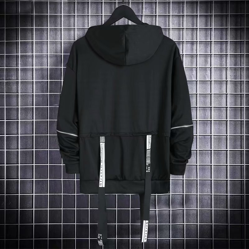 Autumn Men's Casual Hoodie Sweatshirt Techwear Hip Hop Harajuku Style with Ribbons Patchwork Japanese Streetwear Darkwear