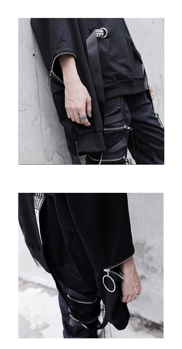 Autumn Men's Casual Hoodie Sweatshirt Techwear Hip Hop Harajuku Style with Ribbons Patchwork Japanese Streetwear Darkwear