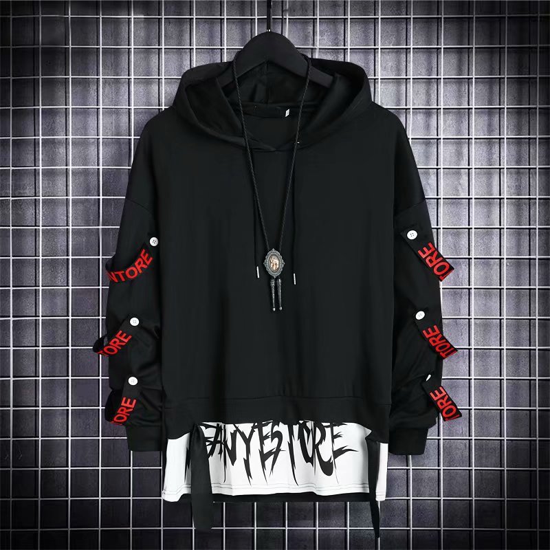 Autumn Men's Casual Hoodie Sweatshirt Techwear Hip Hop Harajuku Style with Ribbons Patchwork Japanese Streetwear Darkwear