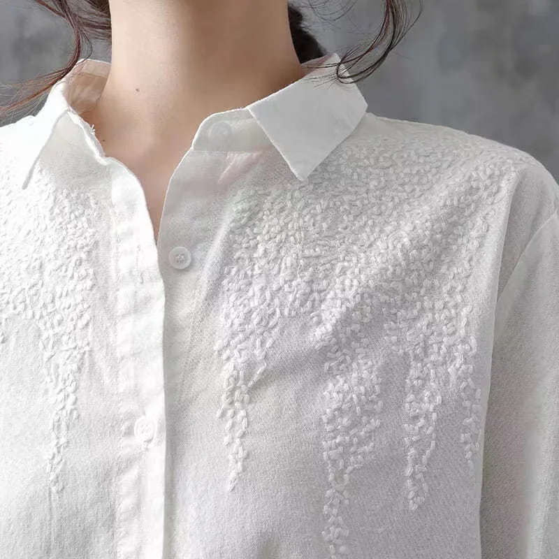 Cotton White Embroidered Long Sleeve Tops Women Shirt New 2024 lapels Buttons Casual Fashion Wild Blouse Female Clothes