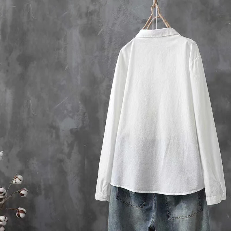Cotton White Embroidered Long Sleeve Tops Women Shirt New 2024 lapels Buttons Casual Fashion Wild Blouse Female Clothes