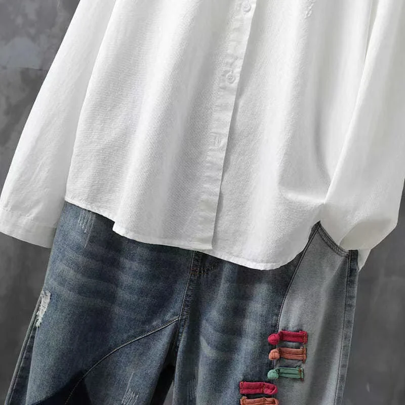 Cotton White Embroidered Long Sleeve Tops Women Shirt New 2024 lapels Buttons Casual Fashion Wild Blouse Female Clothes