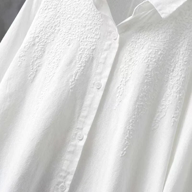 Cotton White Embroidered Long Sleeve Tops Women Shirt New 2024 lapels Buttons Casual Fashion Wild Blouse Female Clothes