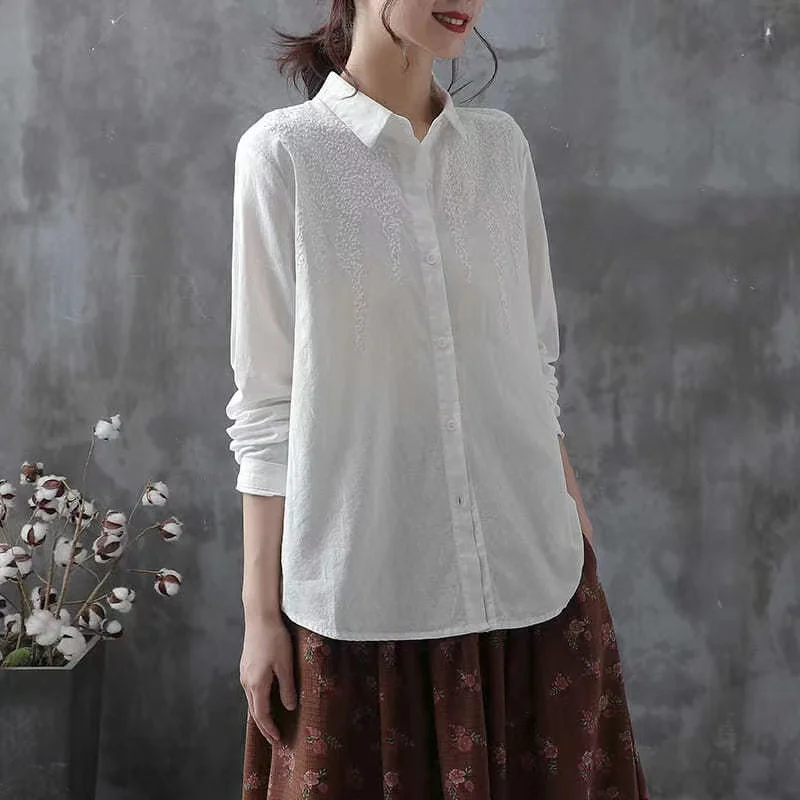 Cotton White Embroidered Long Sleeve Tops Women Shirt New 2024 lapels Buttons Casual Fashion Wild Blouse Female Clothes