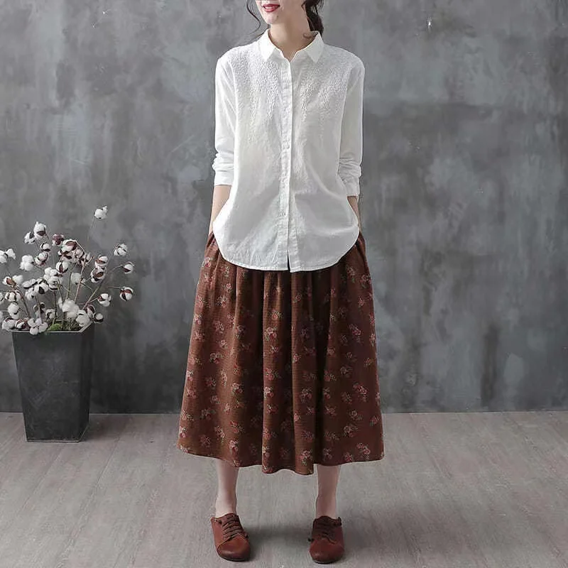 Cotton White Embroidered Long Sleeve Tops Women Shirt New 2024 lapels Buttons Casual Fashion Wild Blouse Female Clothes