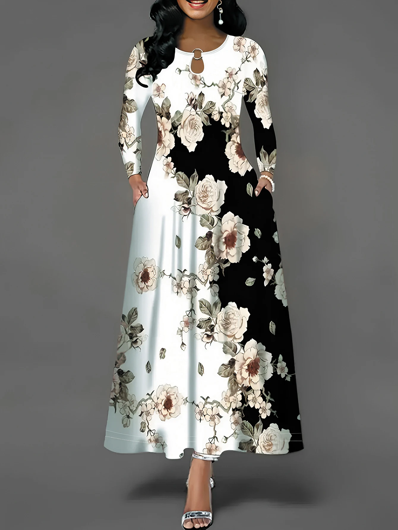 Women's Casual Dress, Plus Size Floral Print Long Sleeve Round Neck Cut Out Maxi Dress With Pockets