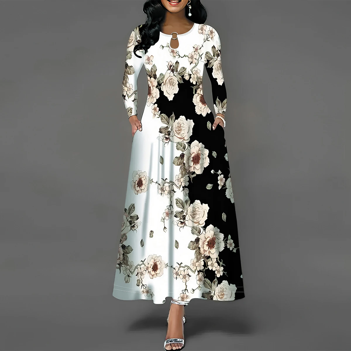 Women's Casual Dress, Plus Size Floral Print Long Sleeve Round Neck Cut Out Maxi Dress With Pockets