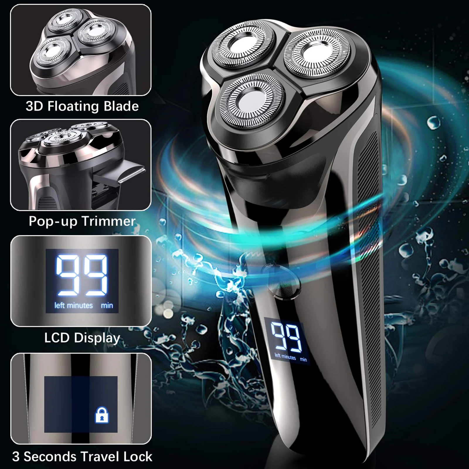 Electric Shaver Rotary Razor Beard Trimmer with Pop-up Trimmer IPX7 Waterproof Hair Trimmer for Men