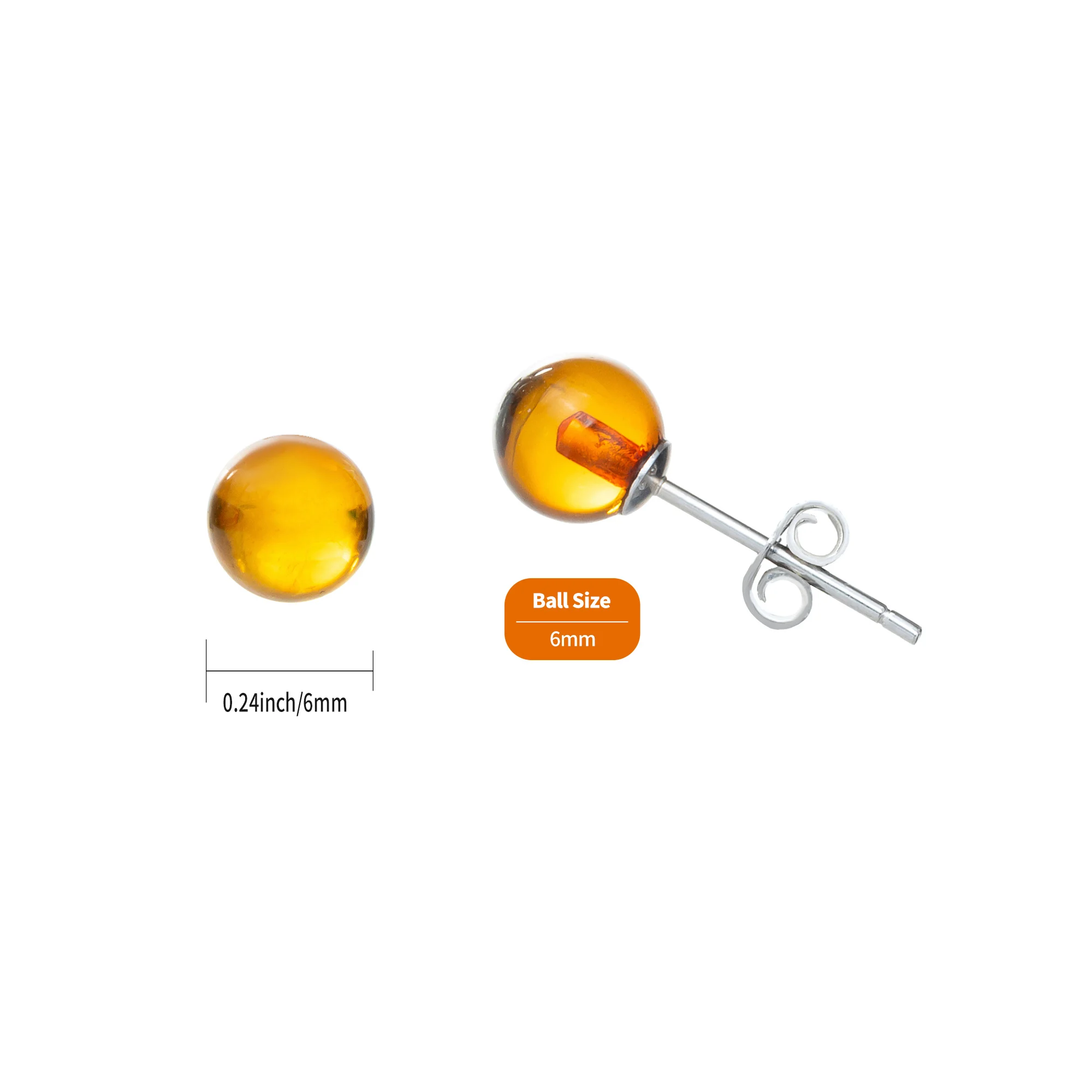 Genuine Baltic Amber Small Stud Ball Earrings for Women in 925 Sterling Silver, Rich Cognac Color