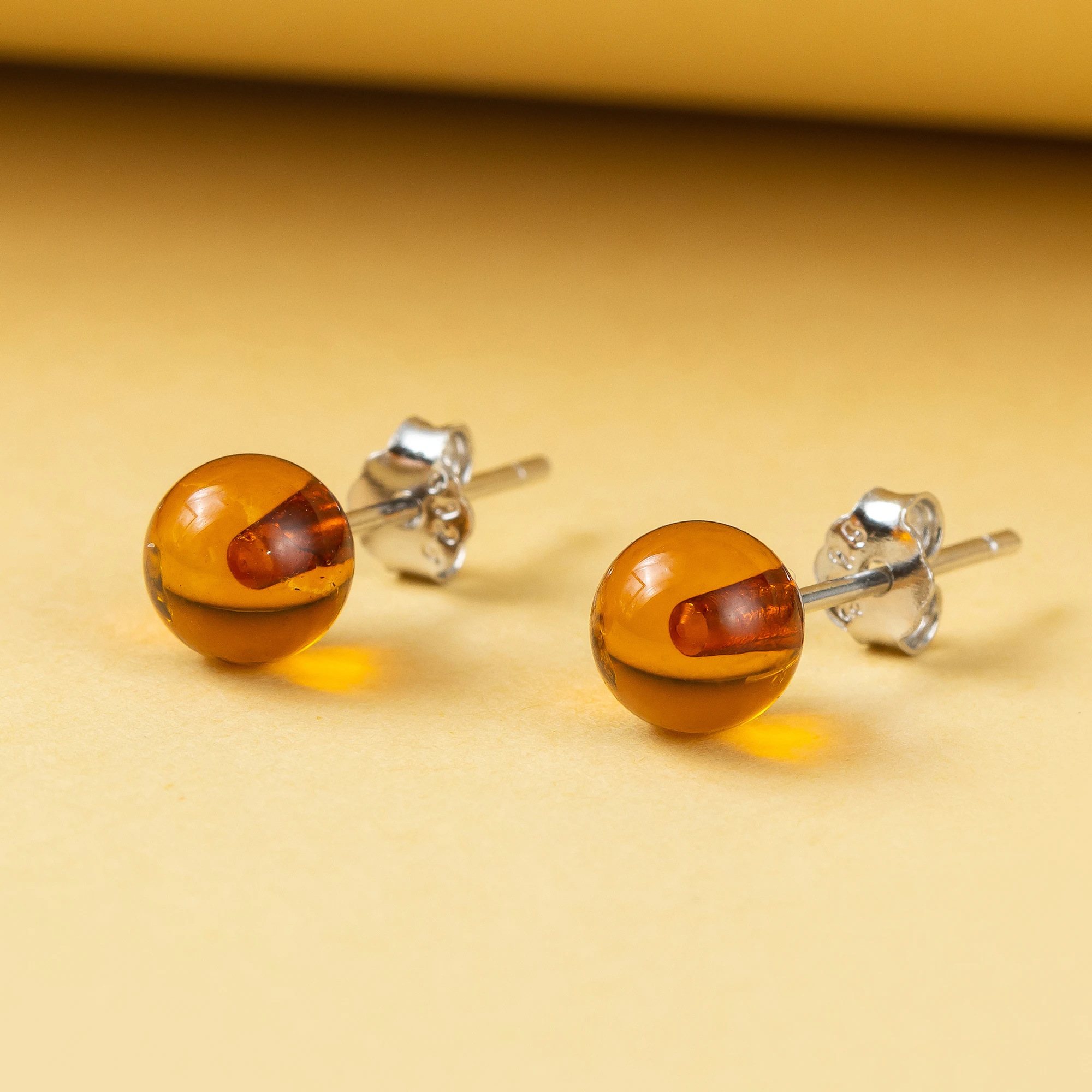 Genuine Baltic Amber Small Stud Ball Earrings for Women in 925 Sterling Silver, Rich Cognac Color