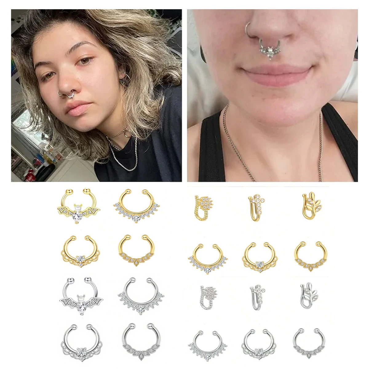 3/6pcs 16G 316L Stainless Steel Bat Fake Septum Ring,Non-Pierced Fake Nose Rings Clip On Nose Hoop Faux Septum Piercing Jewelry