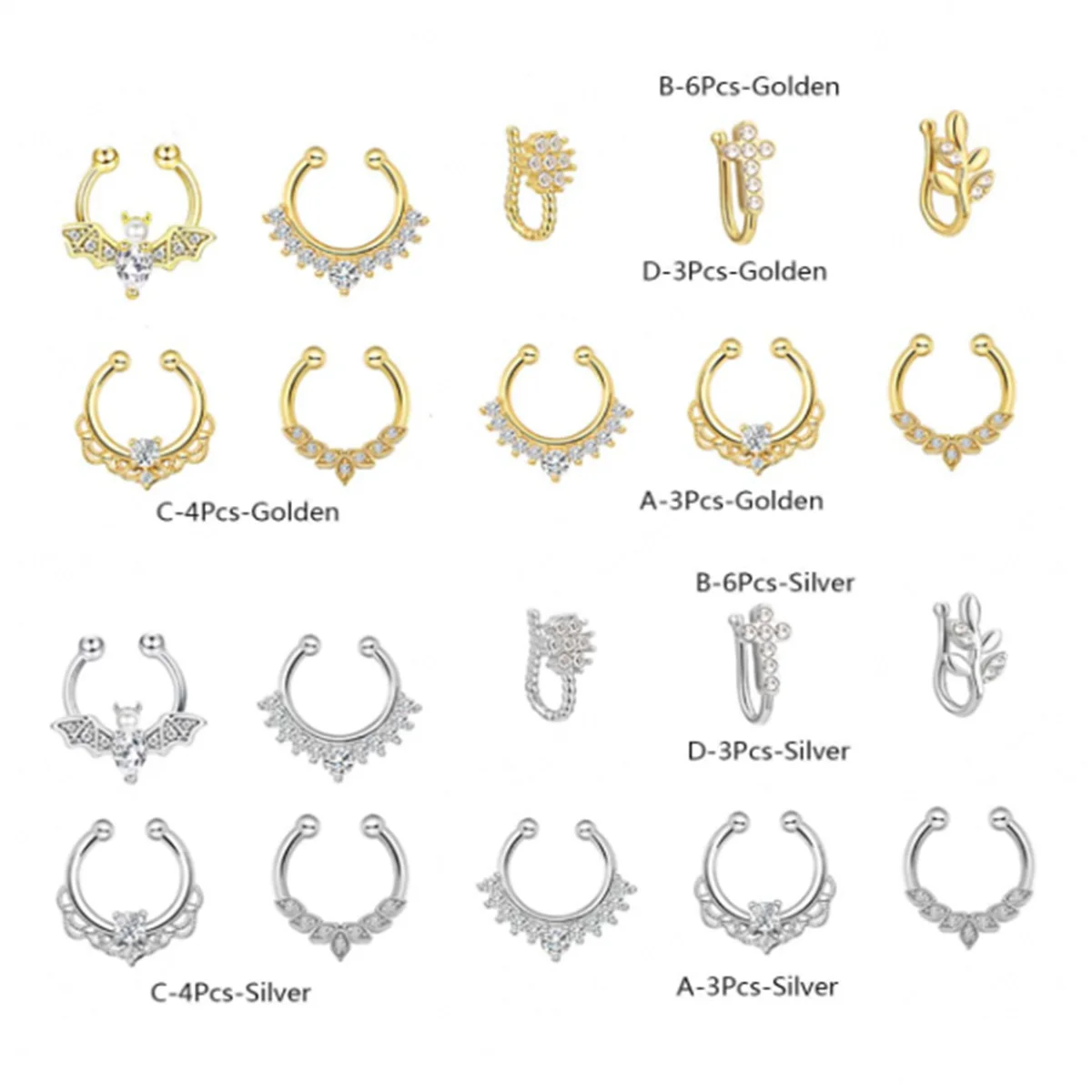 3/6pcs 16G 316L Stainless Steel Bat Fake Septum Ring,Non-Pierced Fake Nose Rings Clip On Nose Hoop Faux Septum Piercing Jewelry
