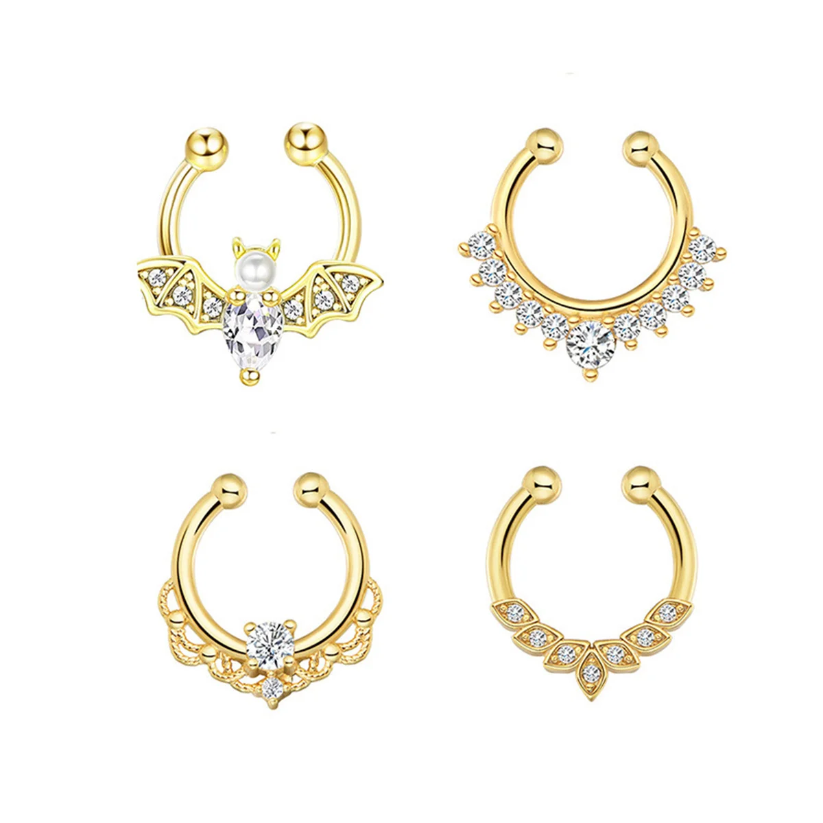 3/6pcs 16G 316L Stainless Steel Bat Fake Septum Ring,Non-Pierced Fake Nose Rings Clip On Nose Hoop Faux Septum Piercing Jewelry