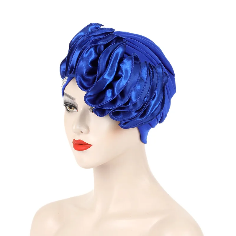 African Female Head Wraps Bonnet Nigeria Party Headgear Satin Ruffled Pleated Turban Caps for Women Ready to Wear Headtie