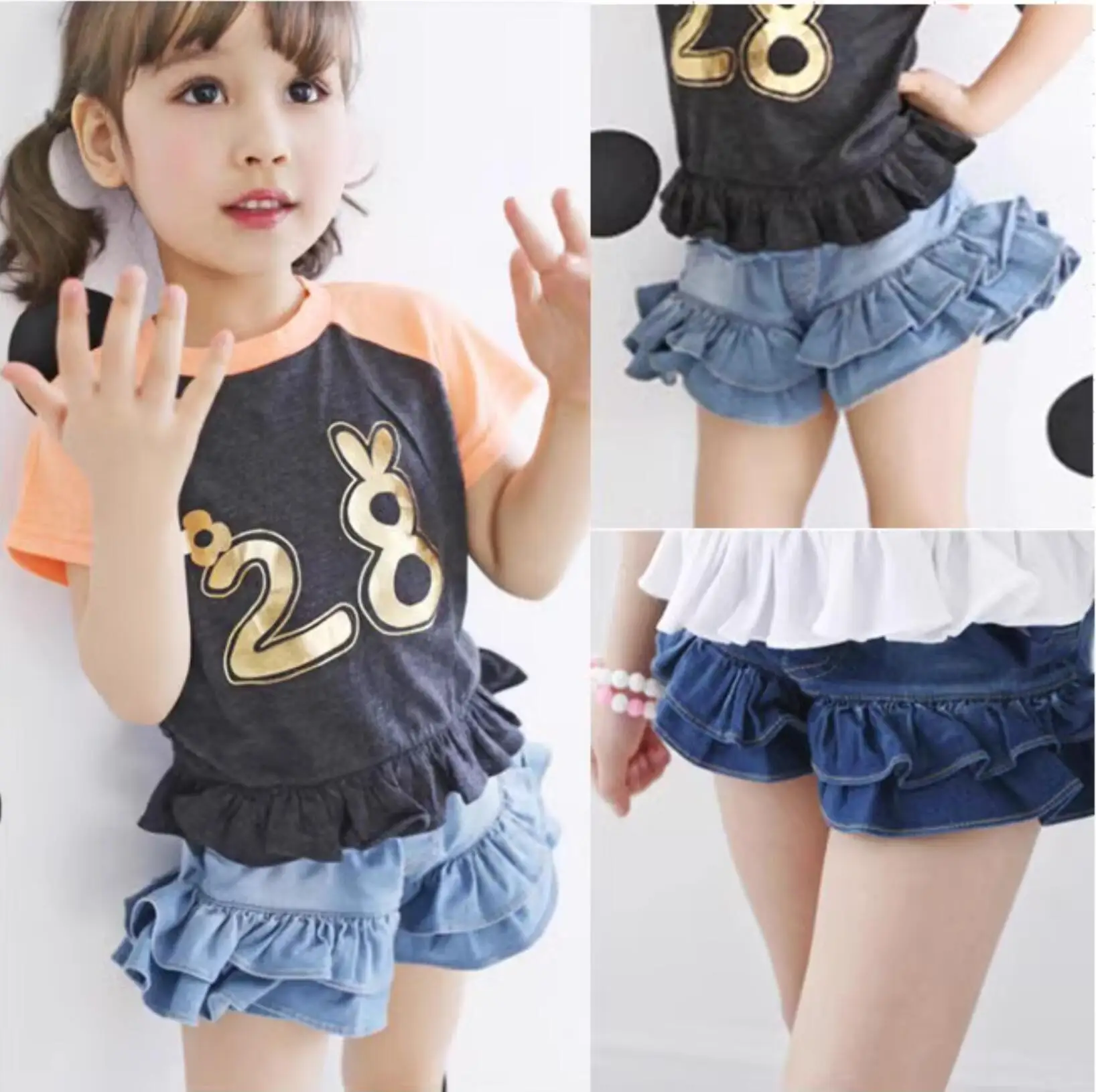 Girls Denim Shorts 2 Layers Ruffles Lace Teenage Girl Jeans Kids Workout Fashion Skirt Shorts Summer Beach Sports Short Pants