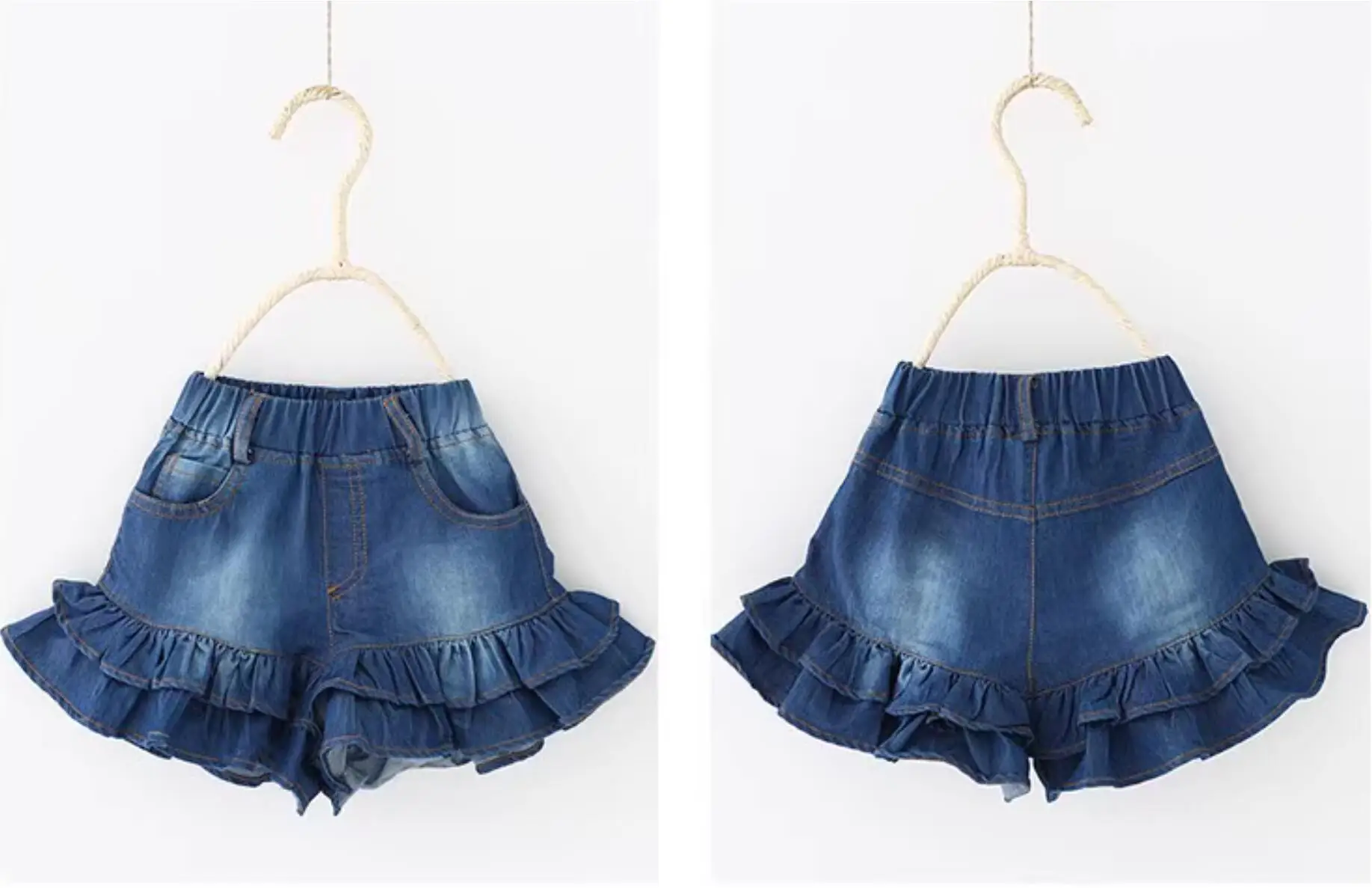 Girls Denim Shorts 2 Layers Ruffles Lace Teenage Girl Jeans Kids Workout Fashion Skirt Shorts Summer Beach Sports Short Pants