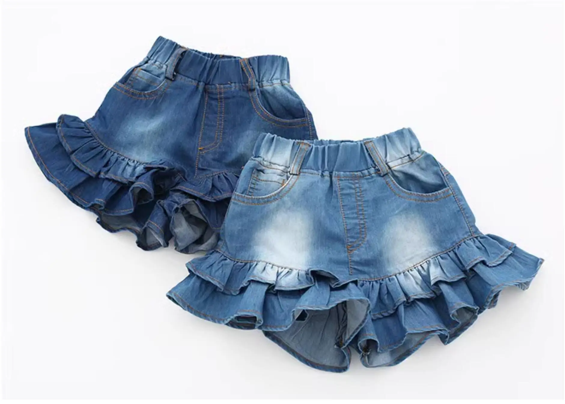 Girls Denim Shorts 2 Layers Ruffles Lace Teenage Girl Jeans Kids Workout Fashion Skirt Shorts Summer Beach Sports Short Pants