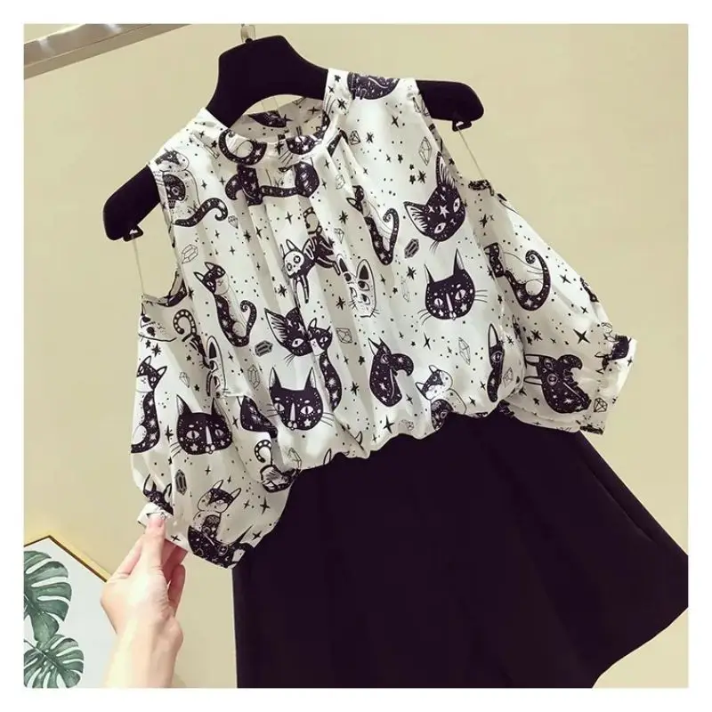 Cat Cartoon Print Chiffon Vintage O-Neck Short Sleeve Loose Women's Blouse Shirt Korean Fashion Female Clothing Tops 2024 Summer