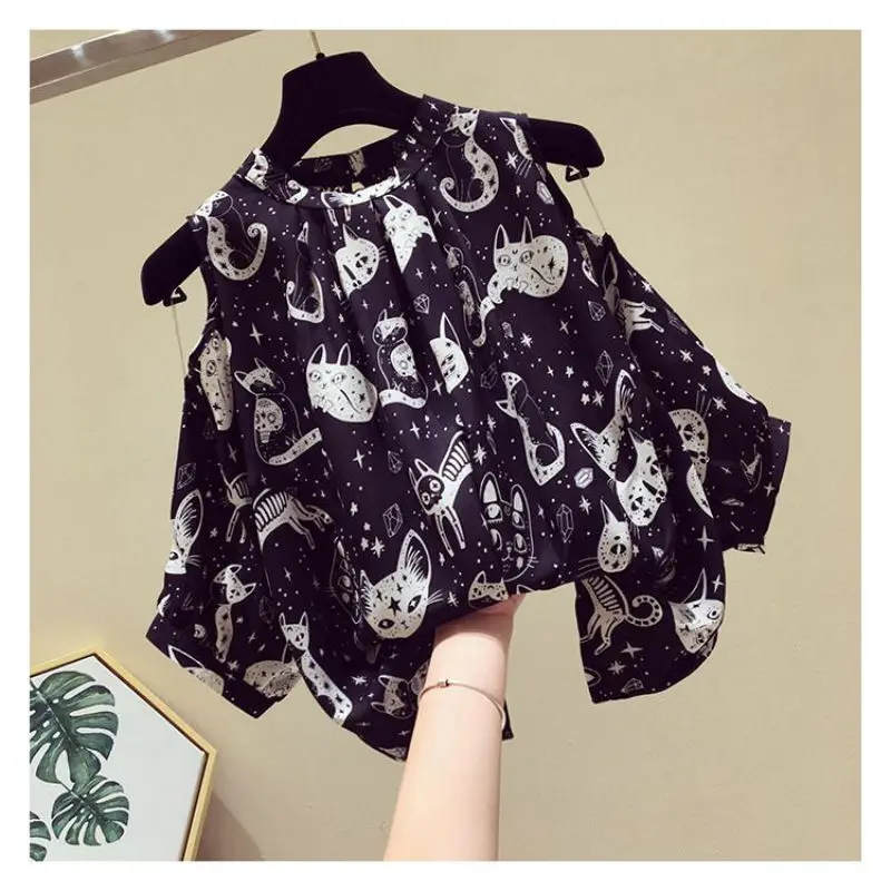 Cat Cartoon Print Chiffon Vintage O-Neck Short Sleeve Loose Women's Blouse Shirt Korean Fashion Female Clothing Tops 2024 Summer