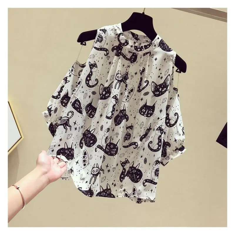 Cat Cartoon Print Chiffon Vintage O-Neck Short Sleeve Loose Women's Blouse Shirt Korean Fashion Female Clothing Tops 2024 Summer