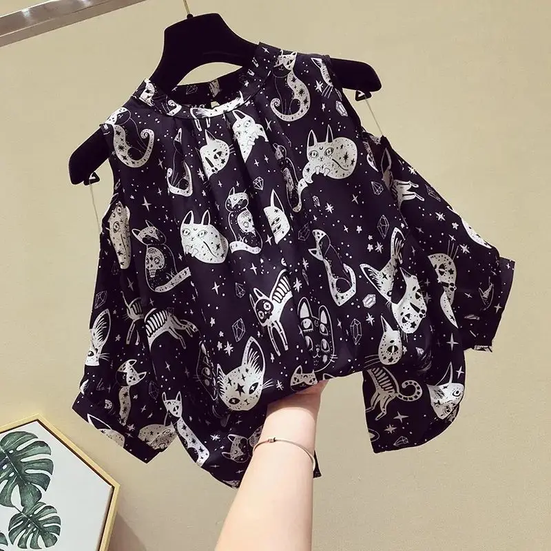 Cat Cartoon Print Chiffon Vintage O-Neck Short Sleeve Loose Women's Blouse Shirt Korean Fashion Female Clothing Tops 2024 Summer