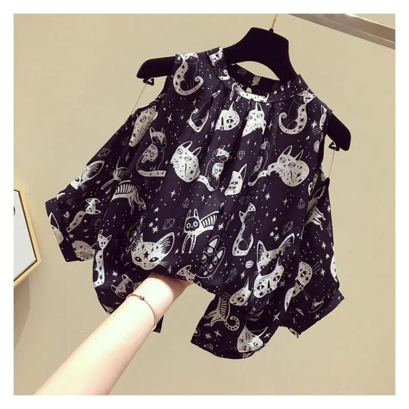 Cat Cartoon Print Chiffon Vintage O-Neck Short Sleeve Loose Women's Blouse Shirt Korean Fashion Female Clothing Tops 2024 Summer