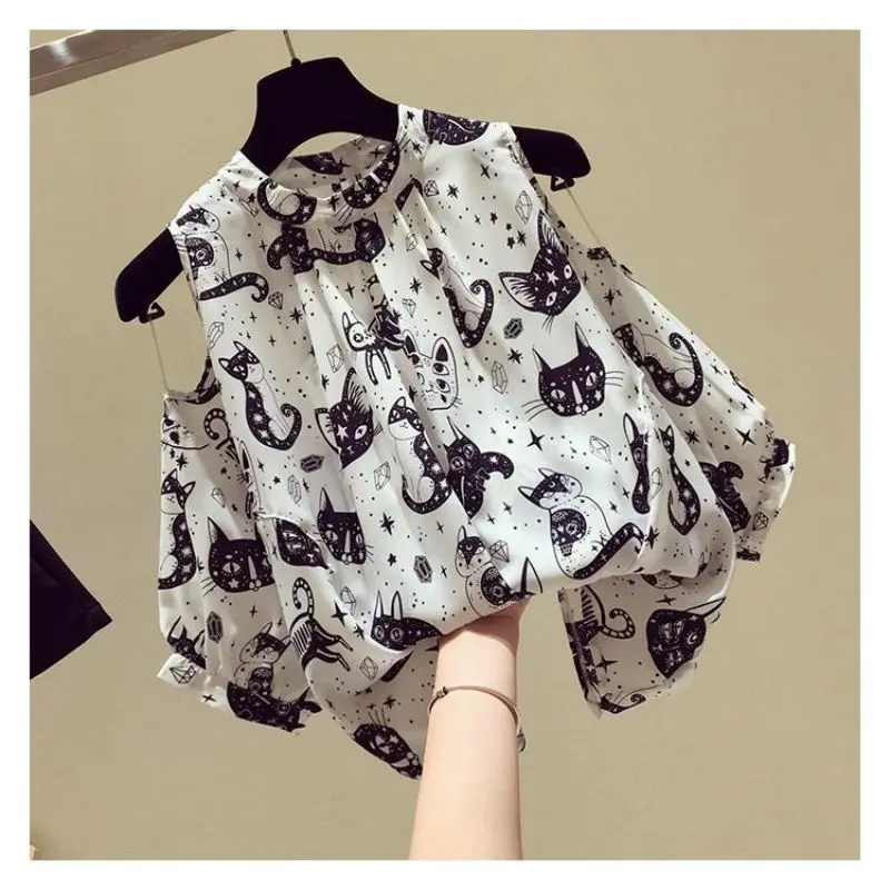 Cat Cartoon Print Chiffon Vintage O-Neck Short Sleeve Loose Women's Blouse Shirt Korean Fashion Female Clothing Tops 2024 Summer